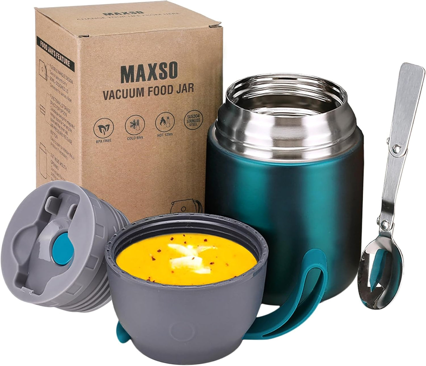 Insulated Thermo Food Jar for Hot & Cold Food for Kids Adult, 17 oz Soup Thermal Hot Food Containers for Lunch, Triple Layer Insulation Stainless Steel Food Jar with Spoon (Green)