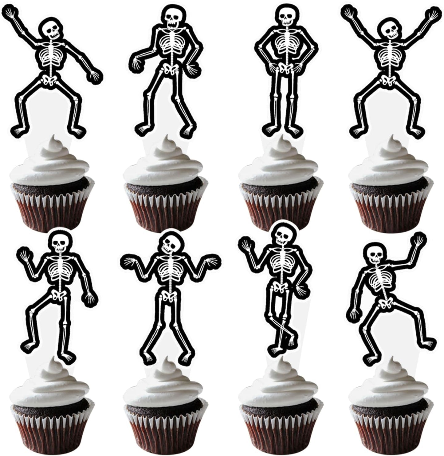 Dancing Skeleton Halloween Cupcake Toppers 48PCS Black Skull Party Cake Decorations Skeleton Cupcake Picks Halloween Birthday Party Decorations for Horror Theme Party Baby Shower Supplies
