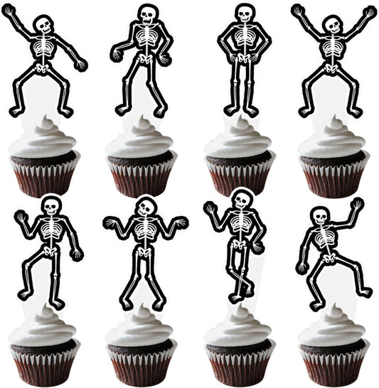 Dancing Skeleton Halloween Cupcake Toppers 48PCS Black Skull Party Cake Decorations Skeleton Cupcake Picks Halloween Birthday Party Decorations for Horror Theme Party Baby Shower Supplies