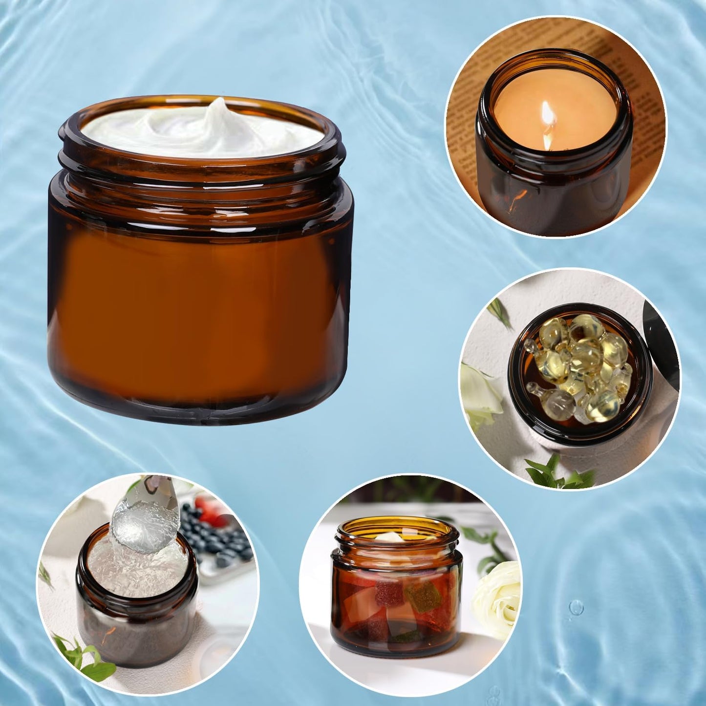 3 Pack Amber Small Glass Cosmetic Jars with Lids, 60 ml Empty Glass Makeup Containers for Sample, Cream, Lotion, Powder (2 OZ)