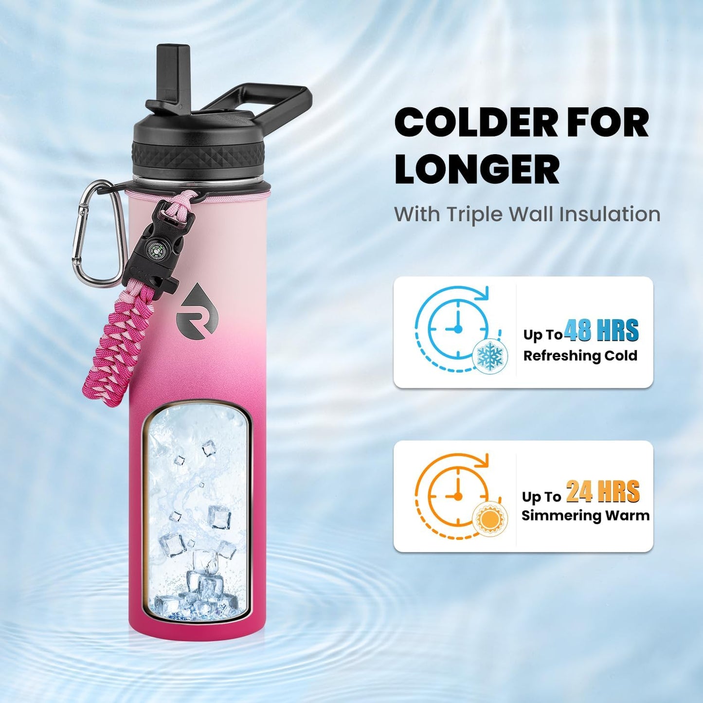 Insulated Water Bottle 24oz, Triple Wall Vacuum Stainless Steel (Cold for 48 Hrs, Hot for 24Hrs), Leak Proof & Non-BPA, 24oz Hydro Water Flask with Paracord Handle & Straw Spout Lids