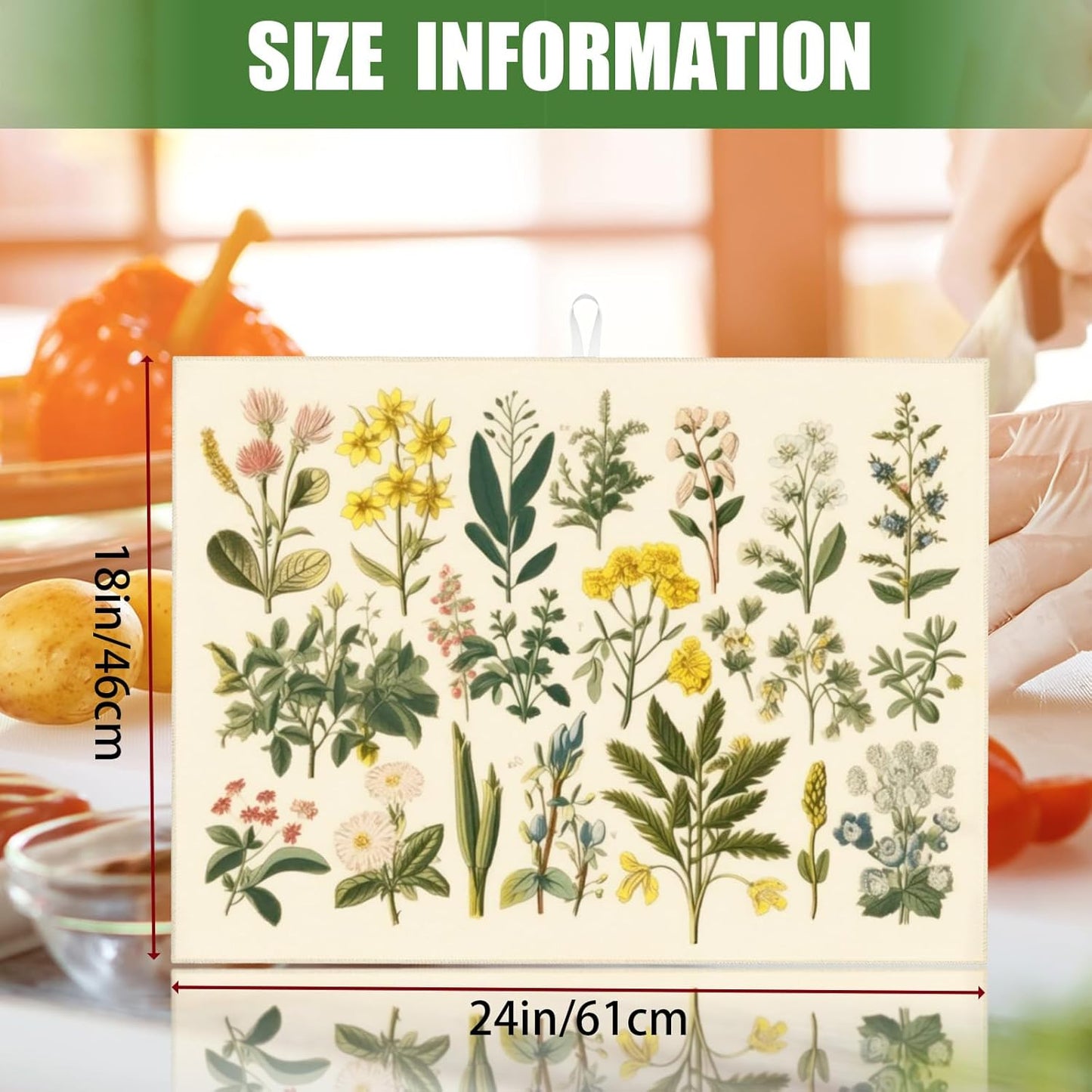 Floral Microfiber Dish Drying Mat XL for Kitchen Counter Absorbent Large Dish Drying Pads Reusable Washable Plants Herbs Draining Mat 18x24 Inch