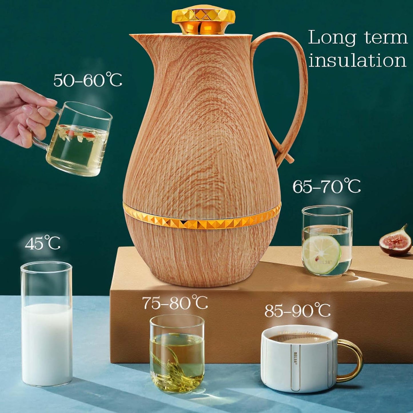 Insulated Thermal Coffee Carafe, 33 oz, Luxury Arabic-Style Insulated Carafe Flask, Coffee Tea Pot, with Spout and Glass Liner for Hot Cold Water, Housewarming Ornaments (Wood Color)