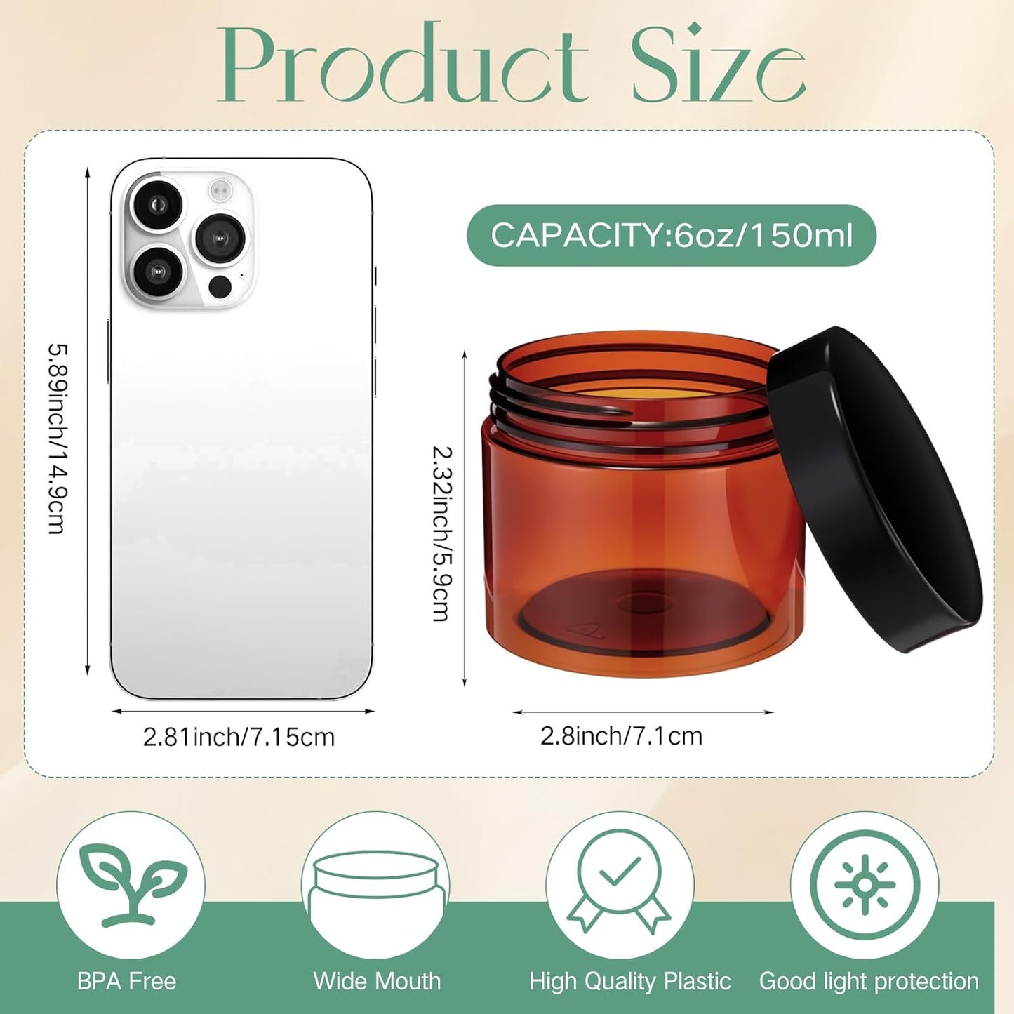 Patelai 4 Pieces Round Wide-mouth Leak Proof Plastic Container Jars with Lids for Travel Storage Makeup Beauty Products Face Creams Oils Salves Ointments DIY Making(6 Ounce,Amber)