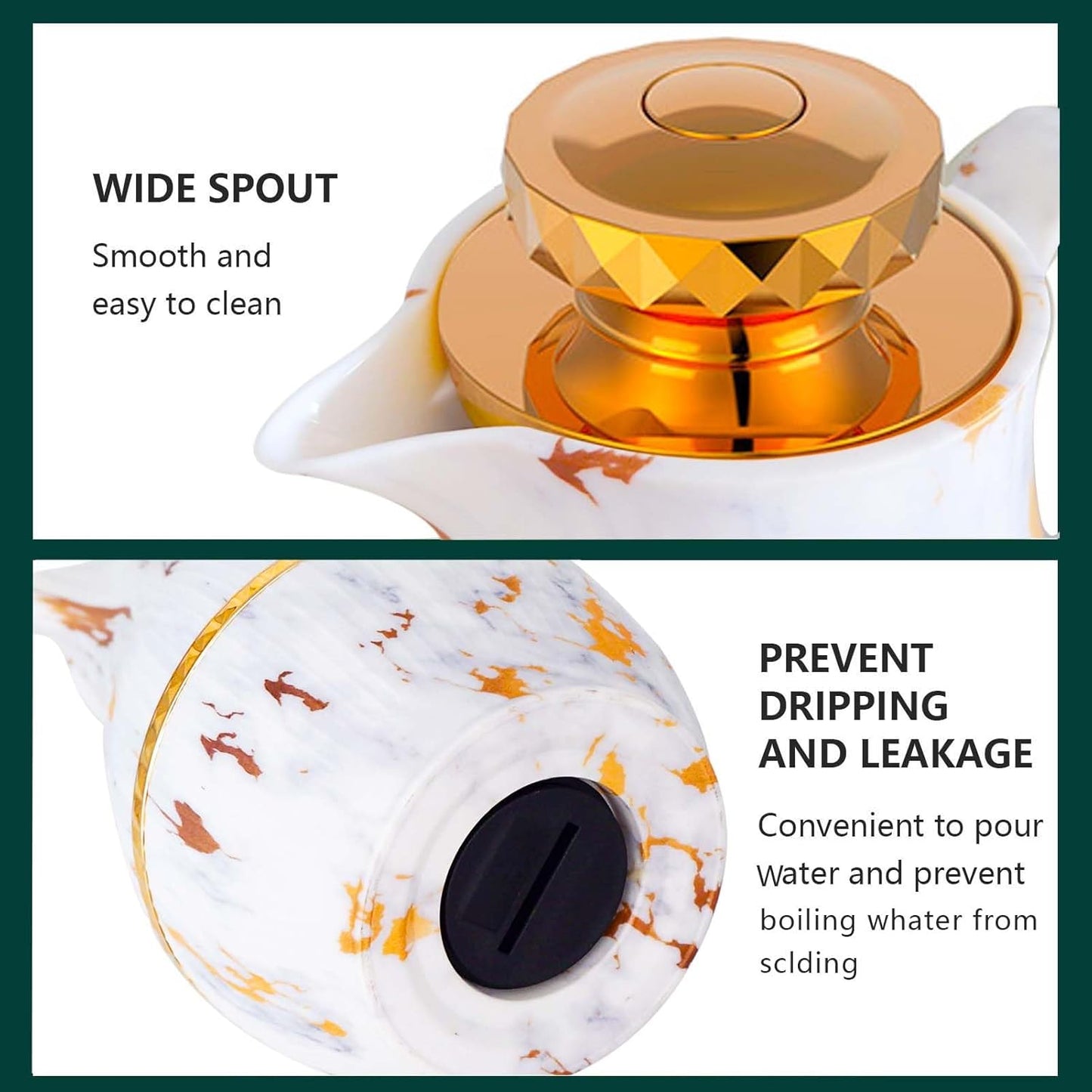 Insulated Thermal Coffee Carafe, 33 oz, Luxury Arabic-Style Insulated Carafe Flask, Coffee Tea Pot, with Spout and Glass Liner for Hot Cold Water, Housewarming Ornaments (White and Gold)