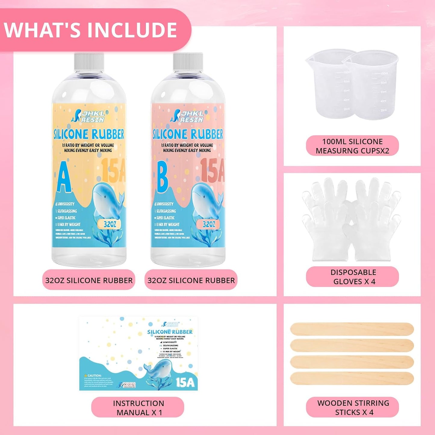 JHKL RESIN Silicone Mold Making Kit,64OZ Platinum Liquid Silicone Rubber for Mold Maker,15A Molds,Mix Ratio 1:1 Rubber Mold Making Kit, Ideal for Casting 3D Resin Molds