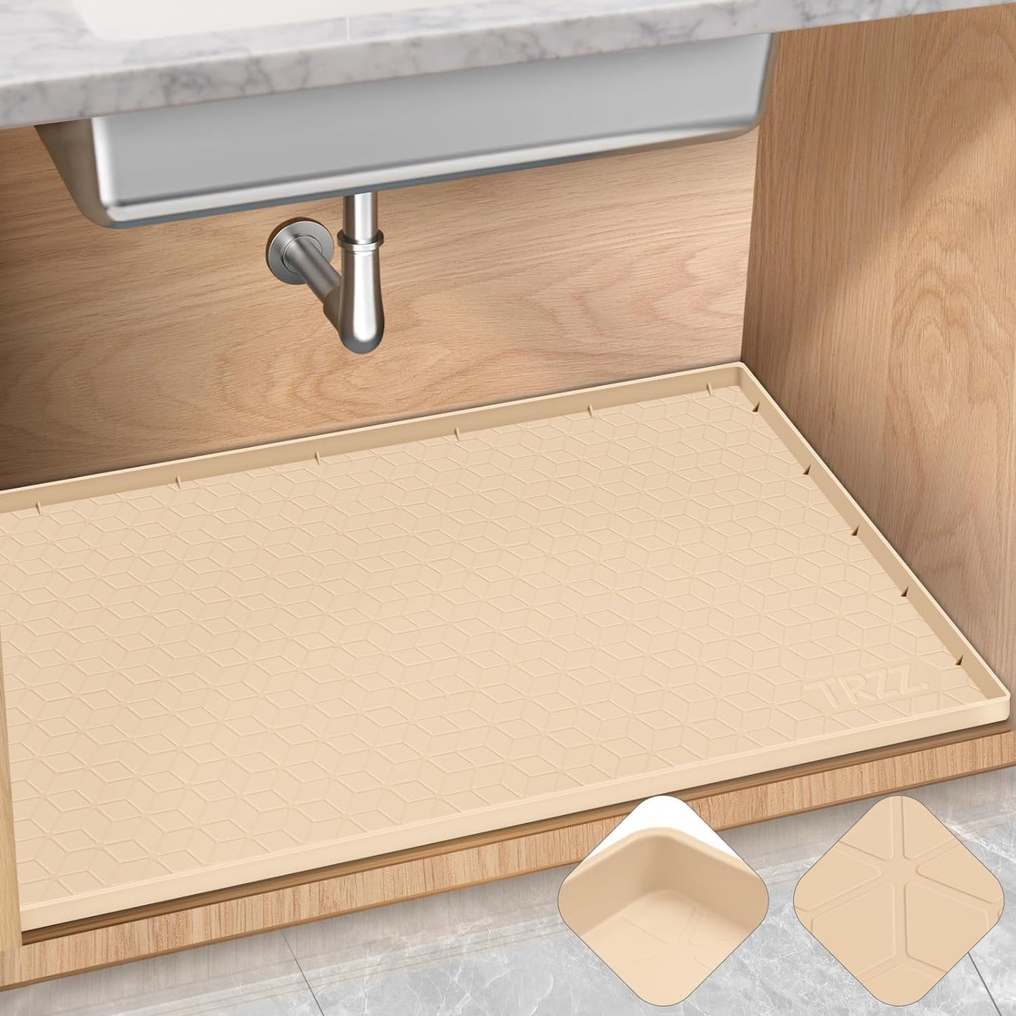 TRZZ Silicone Waterproof Under Sink Mat 31" x 22", Drip Tray and Cabinet Liner for Kitchen and Bathroom, Prevents Water Damage and Organizes Cabinets (Beige)