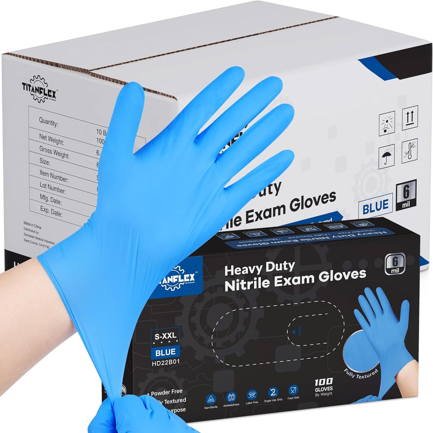 TitanFlex Heavy-Duty Blue Disposable Nitrile Gloves, Box of 100, 6-mil, Fully Textured, Powder-Free, Latex-Free, Non-Sterile