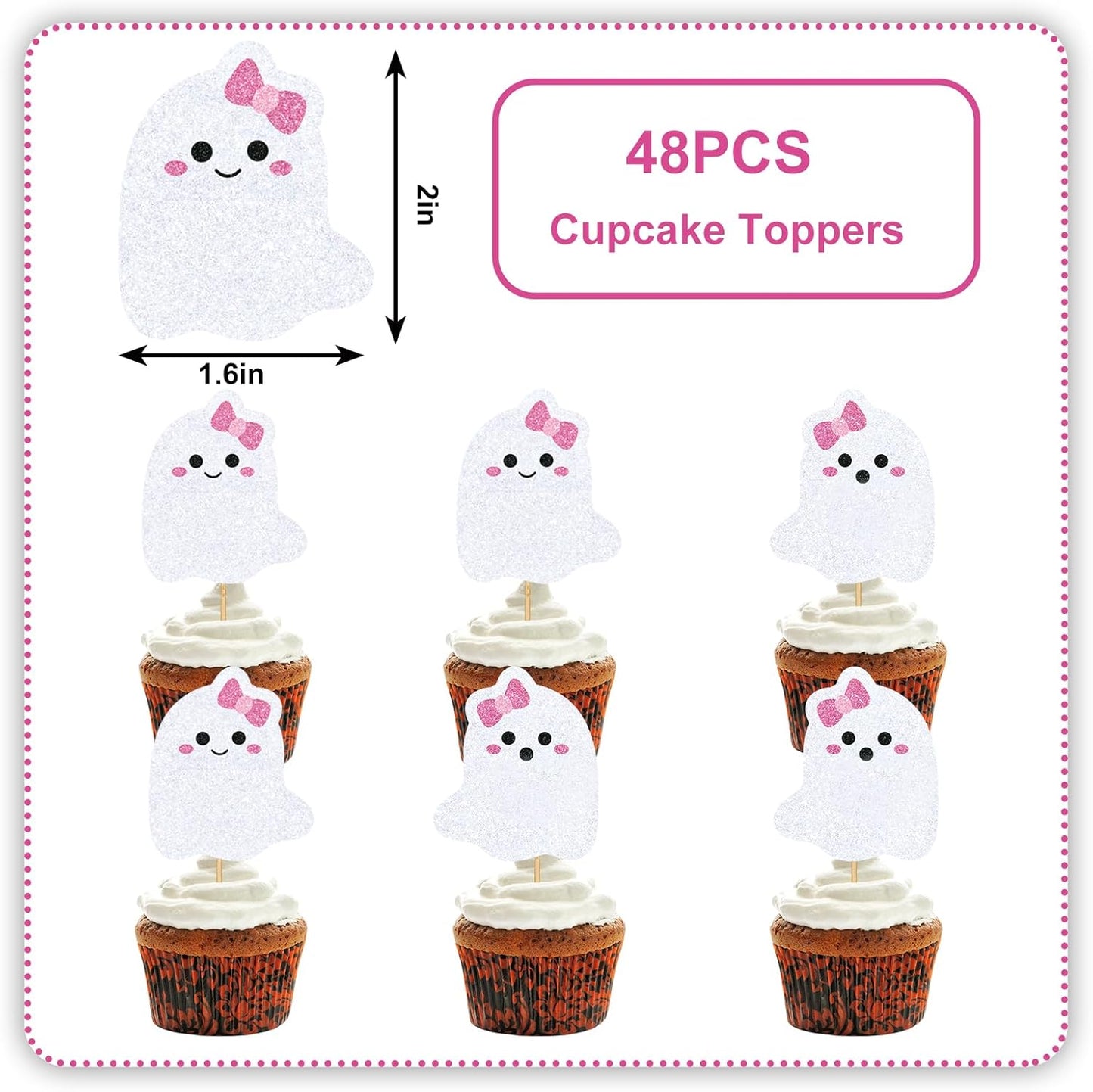 Whaline 48Pcs Halloween Cupcake Toppers Pink Bow Ghost Cupcake Picks Cute Ghost Cake Decorations for Halloween Birthday Party Supplies