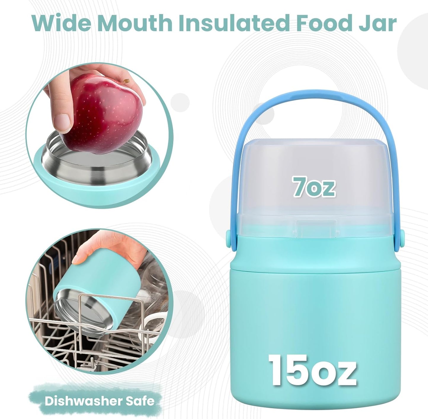 2-in-1 Insulated Food Jar & Snack Container - 15oz Kids Soup Thermos for Hot Food with Handle and Spoon, Leak Proof Reusable Toddler Snack Box, Perfect for School & Travel, Tiffany Blue