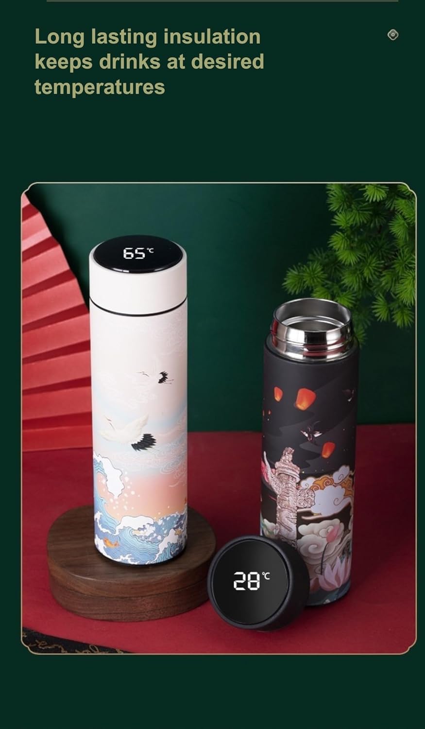 Insulated Coffee Tea Travel Thermos Mug Water Bottle with Removable Strainer and Temperature Featuring Elegant Asian Art Design - 16.9 fl oz (Teal)