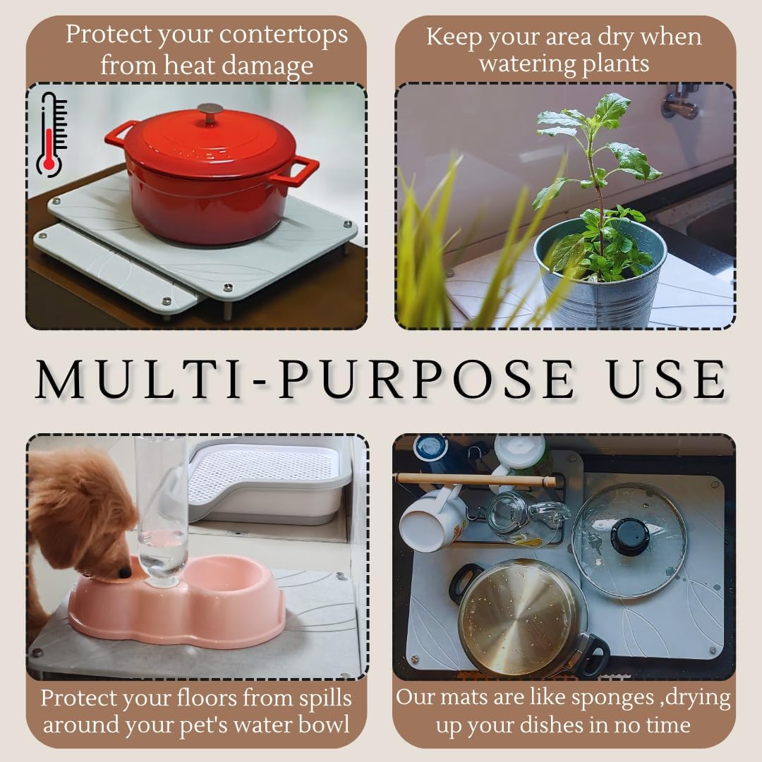 2 PCs Nesting Stone Drying Mat for Kitchen Counter - Fast Drying Mat - Diatomaceous Earth Dish Drying Mat with Non-Slip Feet - Heat Resistant Stone Drying Mat - Stone Dish Drying Mat for Kitchen