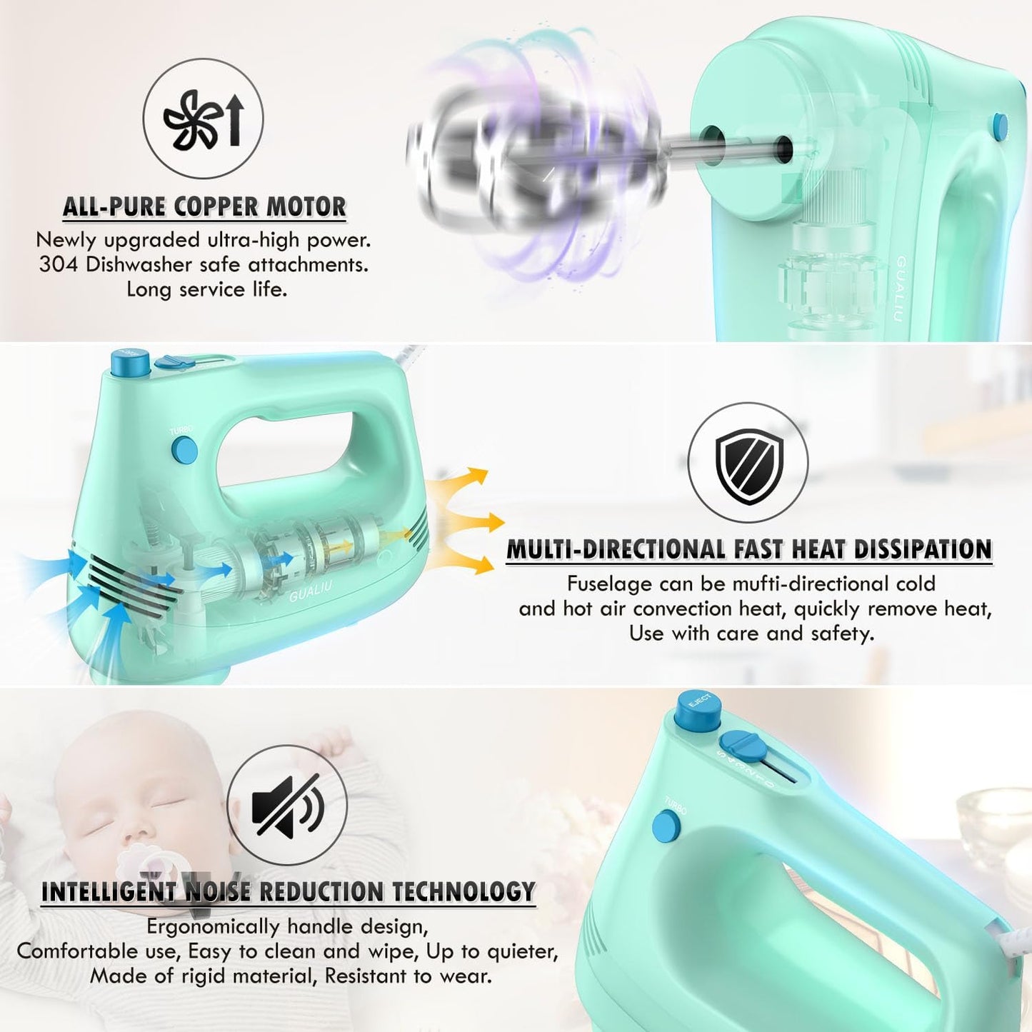 Electric Hand Mixer with Stainless Steel Whisk, Dough Hook Attachment and Storage Bag, Handheld Mixer for Baking Cakes, Eggs, Cream Food Mixers. Turbo Boost /5 Speed Kitchen Blender GREEN