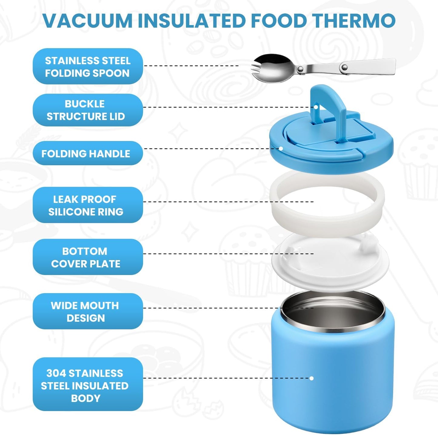 Soup Thermo for Hot Food Kids 25.5oz Lunch Containers with Buckle Lid Wide Mouth Hot Food Jar Vacuum Insulated Stainless Steel Bento Box Leakproof with Spoon(Blue)