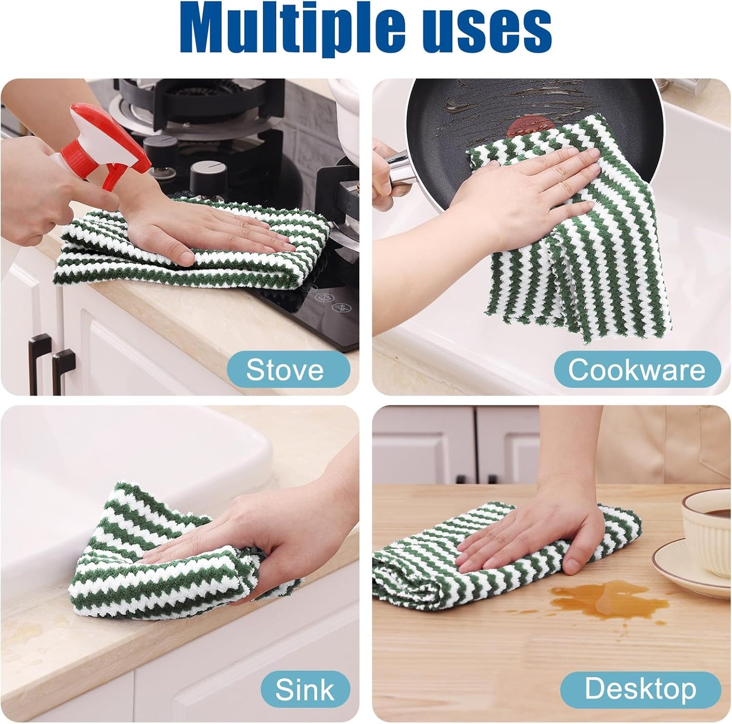 Homaxy Kitchen Towels(12 Pack, 10 x 20 inches), Ultra Soft and Absorbent Dish Towels, Reusable Fast Drying Microfiber Cleaning Cloth, Coral Velvet Wave Design No-lint, Grass Green