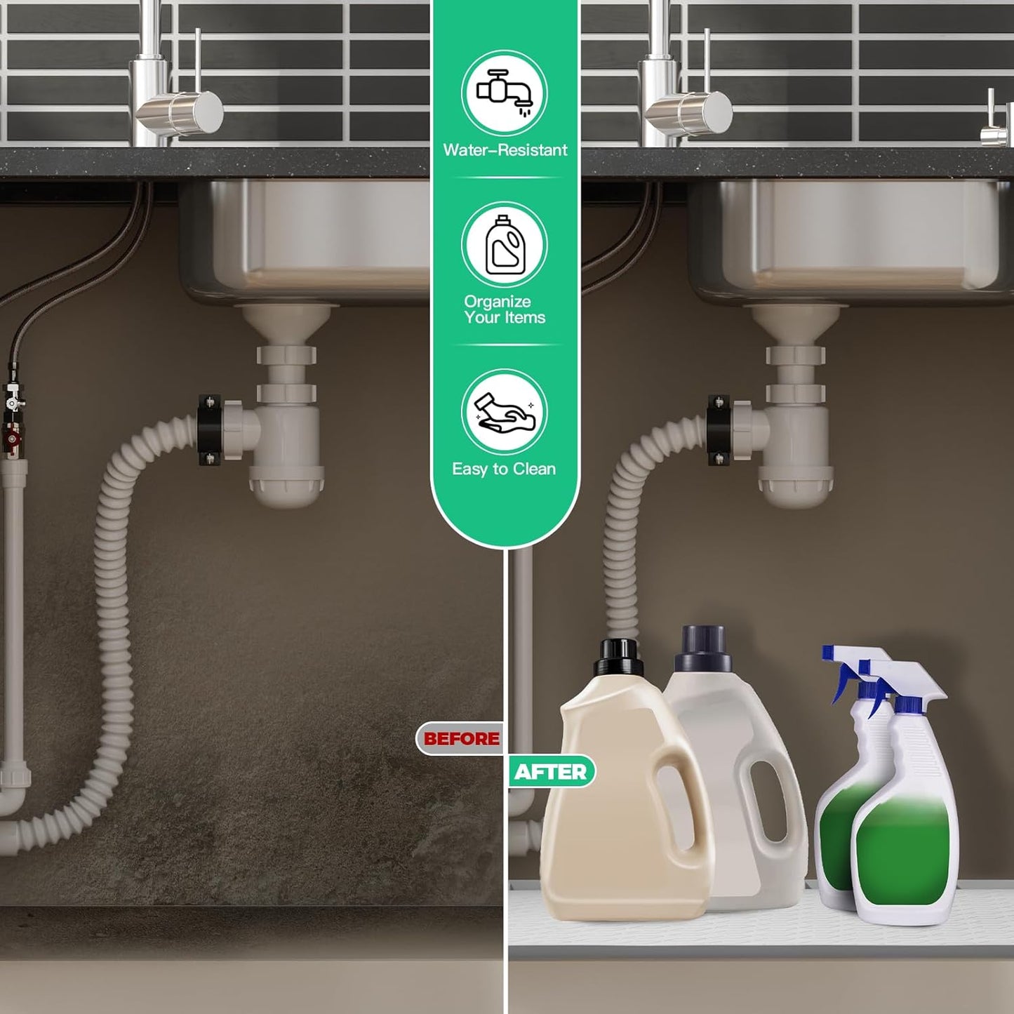 TRZZ Silicone Waterproof Under Sink Mat 28" x 22", Drip Tray and Cabinet Liner for Kitchen and Bathroom, Prevents Water Damage and Organizes Cabinets (Mint Green)