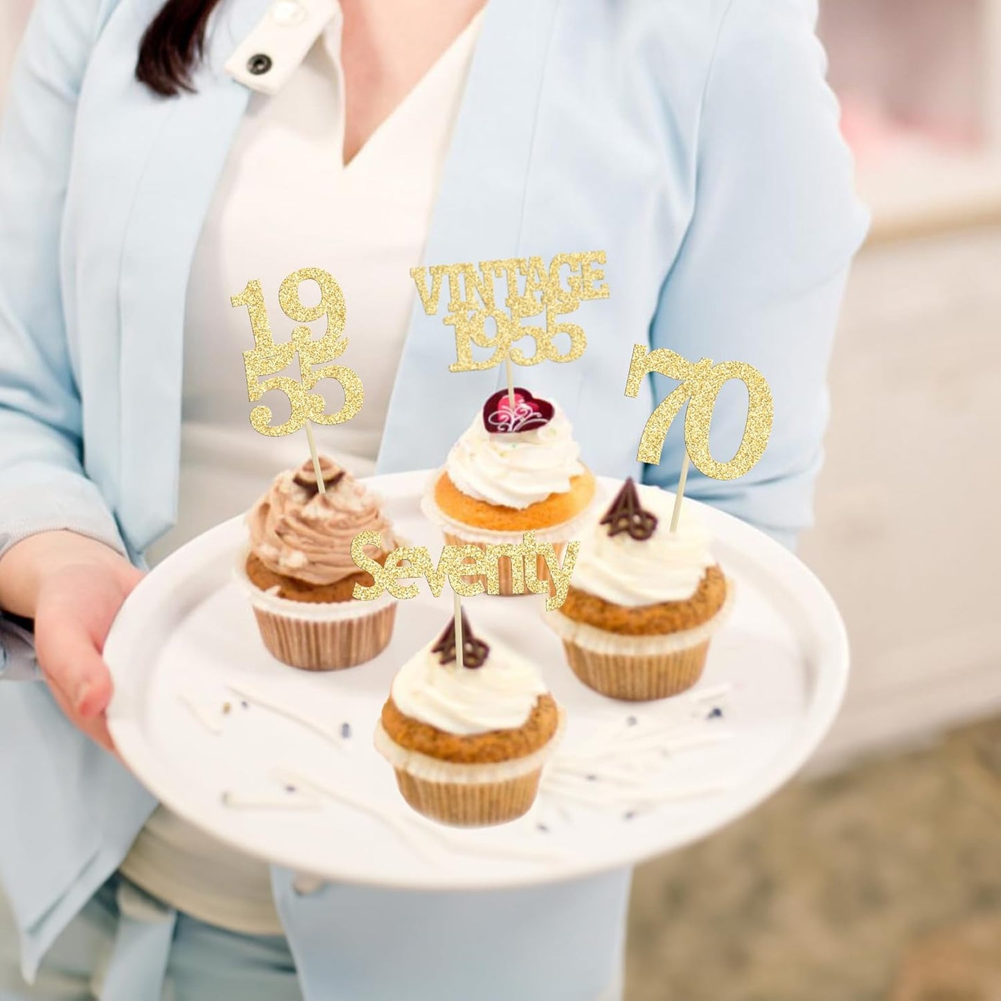 Gyufise 24Pcs 70th Birthday Cupcake Toppers Glitter Cheers to 70 Fabulous Seventy Vintage 1955 Cupcake Picks 70th Birthday Wedding Anniversary Party Cake Decorations Supplies Gold
