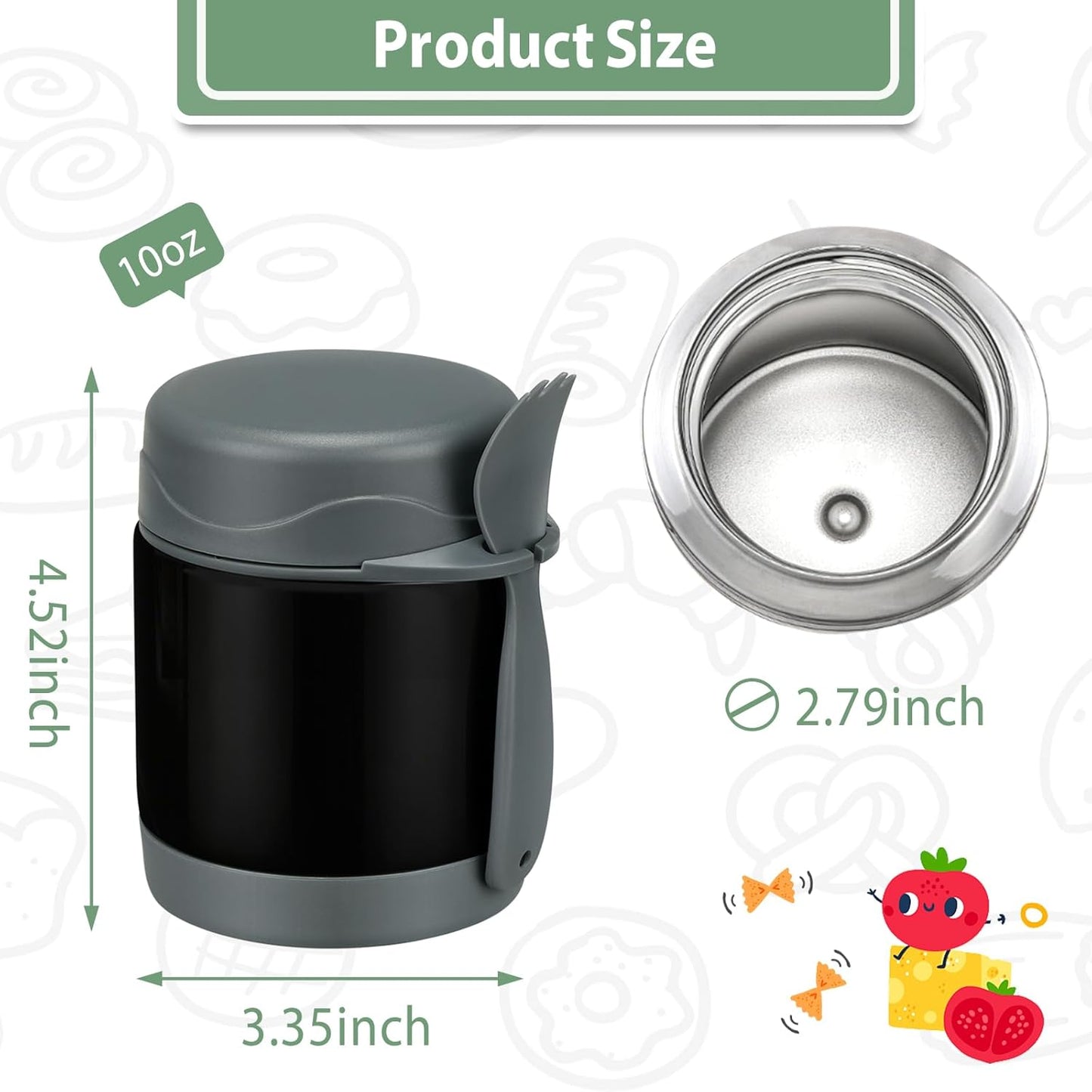 10oz Soup Thermo for Hot Food Kids,Lunch Thermo Kids Food Jar with Spoon Hot Insulated Food Containers,Leak Proof Stainless Steel Wide Mouth Lunch Food Thermo Jar for School(Black)
