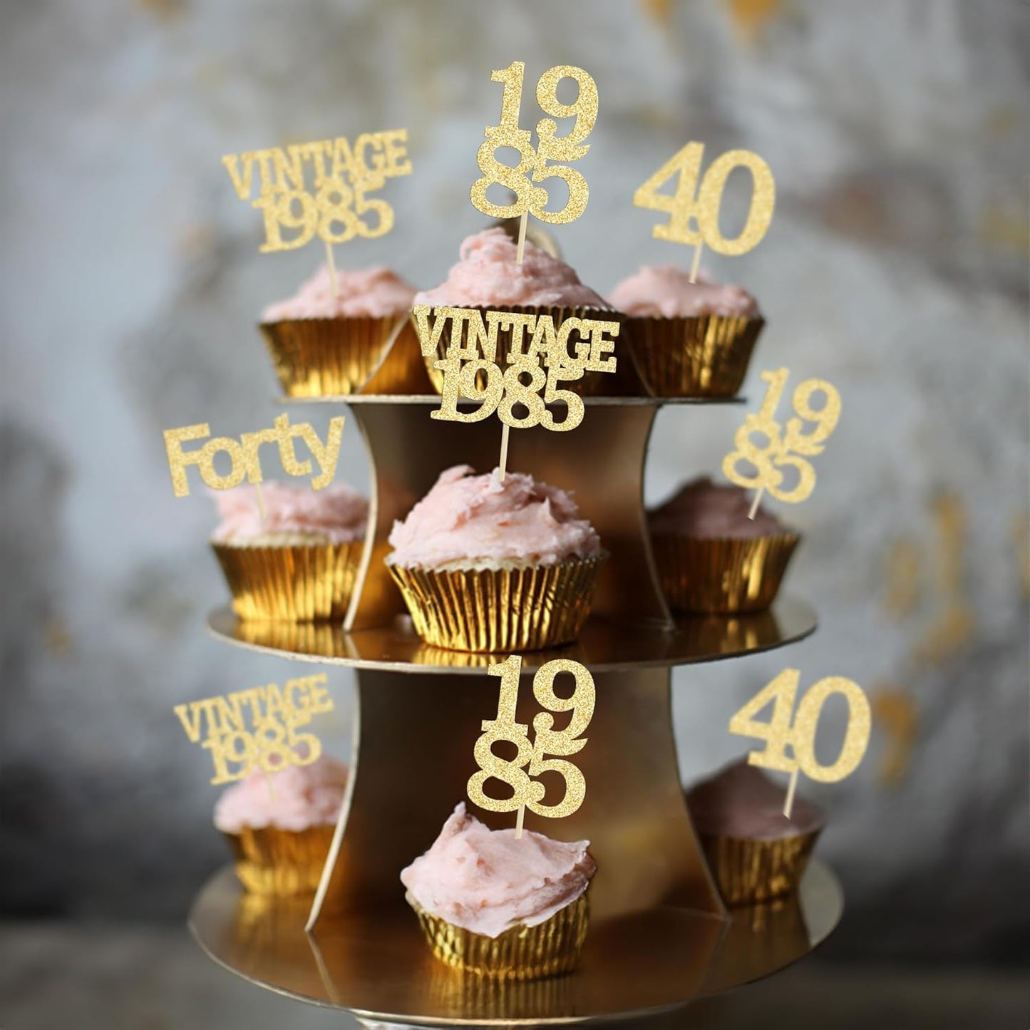 Gyufise 24Pcs Happy 40th Birthday Cupcake Toppers Glitter Forty 40 Fabulous Vintage 1985 Cake Toppers for 40th Birthday Wedding Anniversary Party Cake Decorations Supplies Gold
