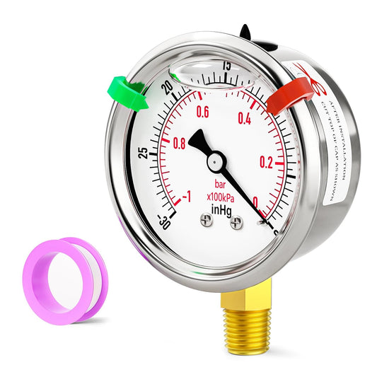 -30inHG-0psi Stainless Steel Glycerin Liquid Filled Vacuum Pressure Gauge 1/4" NPT 2.5" Face Dial Center Lower Mount, for Water, Oil and Air Pressure Testing (with Range Mark Pointer)