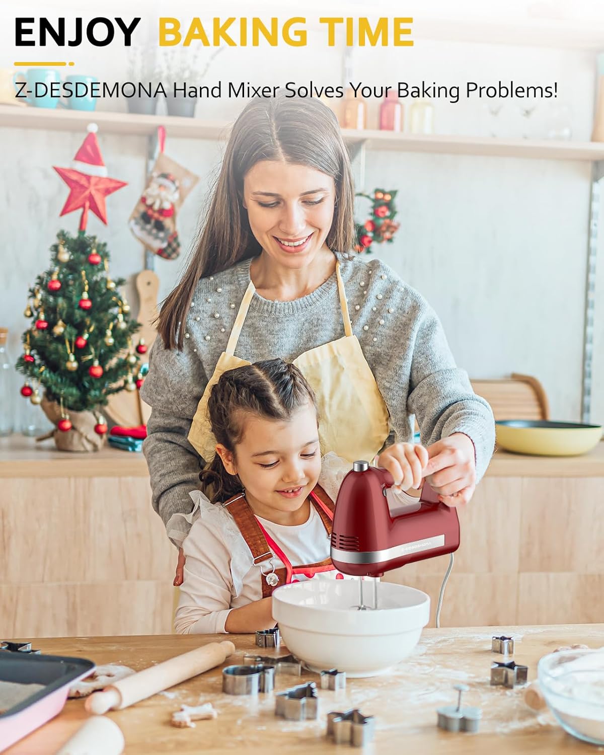 Electric Hand Mixer, Powerful 300W Hand Mixer Electric Handheld with 304 Beaters, Dough Hook, Hand Held Mixer with Turbo for Baking Cakes, Eggs, Cream Food(Red)