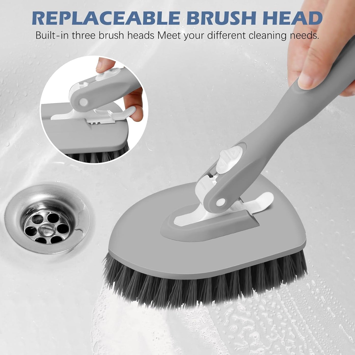 SetSail 4-in-1 Tile Tub Floor Scrubber with 52-inch Long Adjustable Handle Shower Cleaner Brush with V-Shaped Grout Brush and 3 Replacement Brush Heads for Bathroom Kitchen Sink Walls Tub Tile, Grey