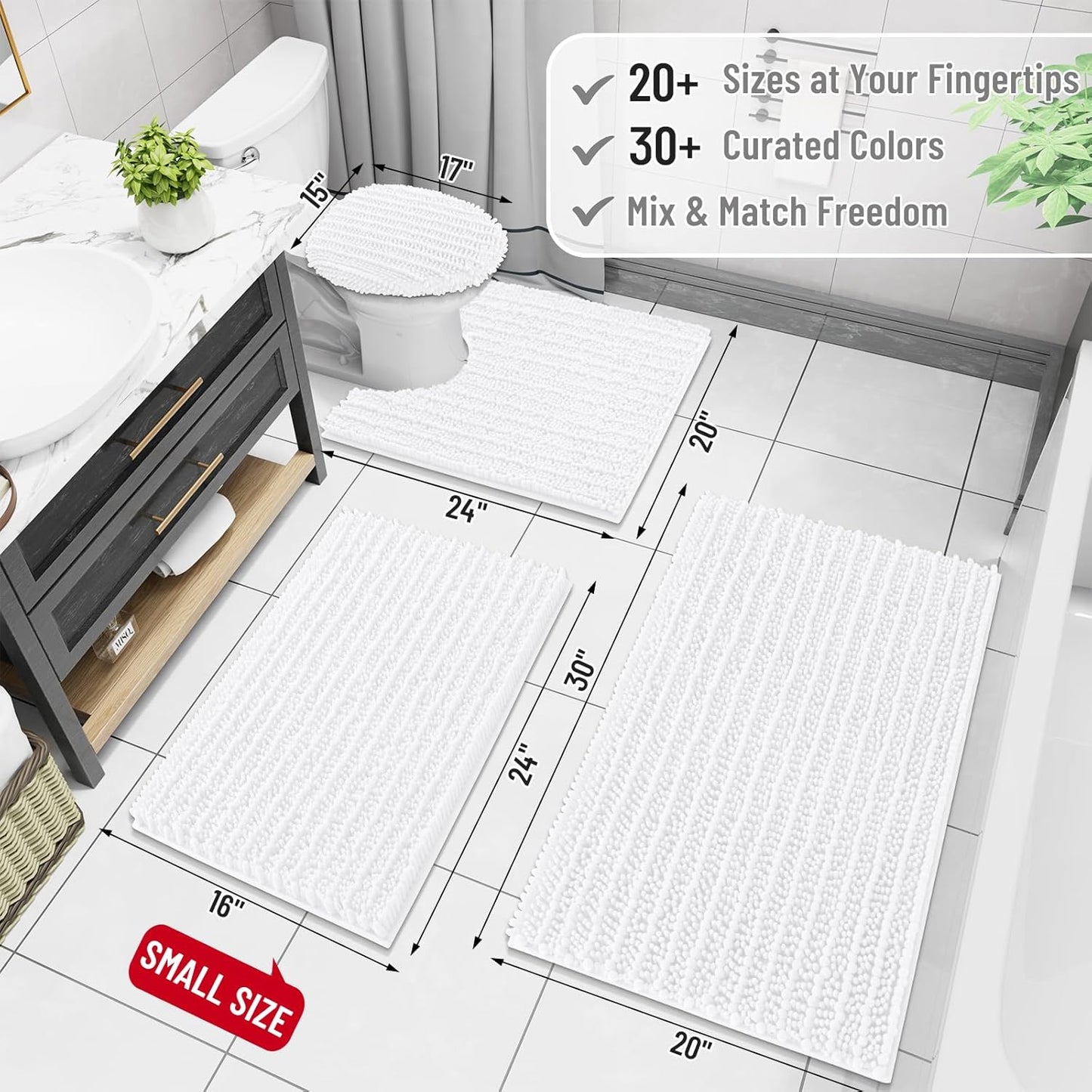 Arotive Luxury Chenille Bathroom Rug Mat, Extra Soft Thick Absorbent Shaggy Bath Rugs, Non-Slip Machine Wash Dry, Plush Bath Mats for Bathroom, Shower and Tub, 34x21, White