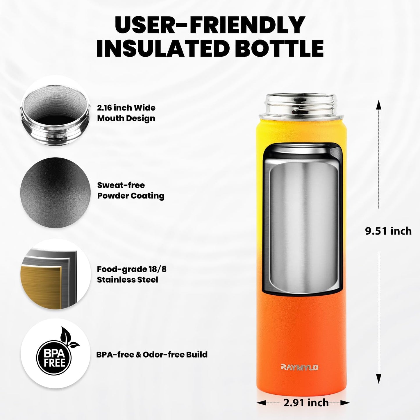 Insulated Water Bottle 20 oz, Triple Wall Vacuum Stainless Steel (Cold for 48 Hrs), Leak Proof & Non-BPA, Kids Water Bottle Jug for School with Straw Spout Lids, Ombre Orange