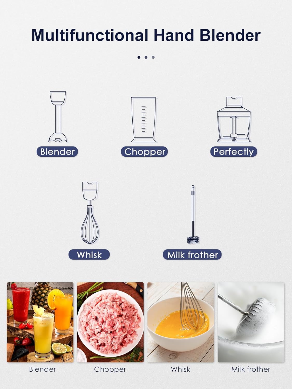 5-in-1 Hand Immersion Blender, 1000W Handheld, Copper Motor Stainless Steel Blade Stick, Mixing Beaker, Food Processor, Whisk, Milk Frother for Smoothies Puree Baby Food (Black)