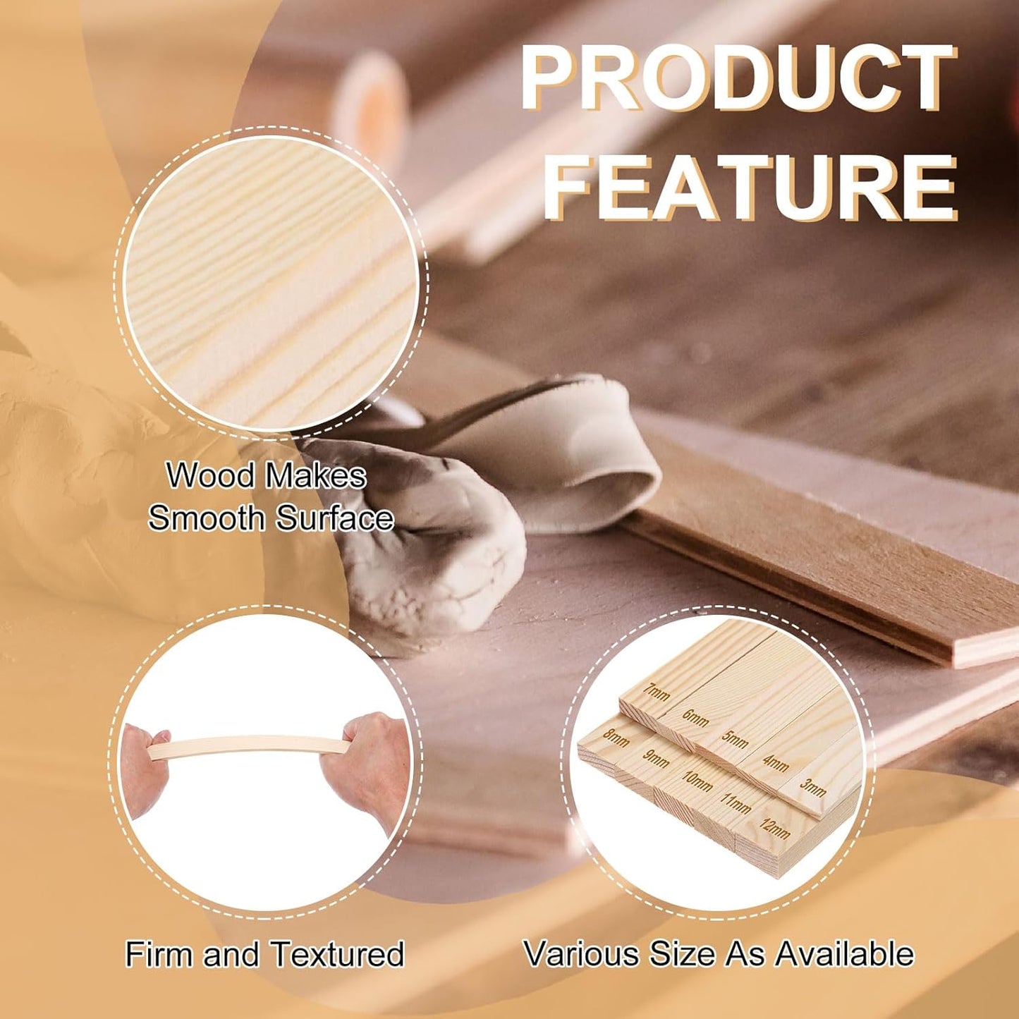 MECCANIXITY 8Pcs Pottery Teaching Rolling Mud Stick Guides, 13" x 0.8" Wood Clay Roller 3 5 7 10mm Thick Ceramic Tools Strips Rolling Guides for Clay Thickness DIY Craft