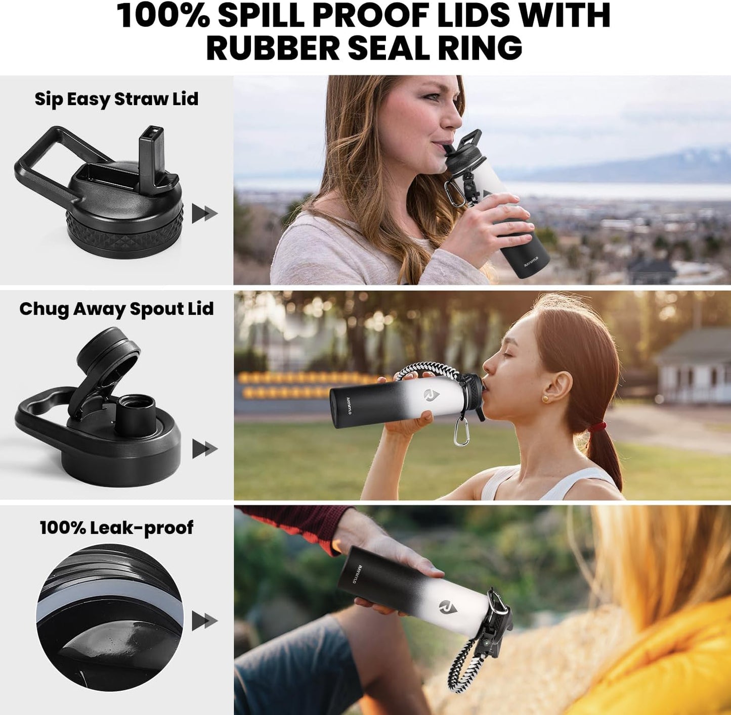 Insulated Water Bottle 24oz, Triple Wall Vacuum Stainless Steel (Cold for 48 Hrs, Hot for 24Hrs), Leak Proof & Non-BPA, 24oz Hydro Water Flask with Paracord Handle & Straw Spout Lids