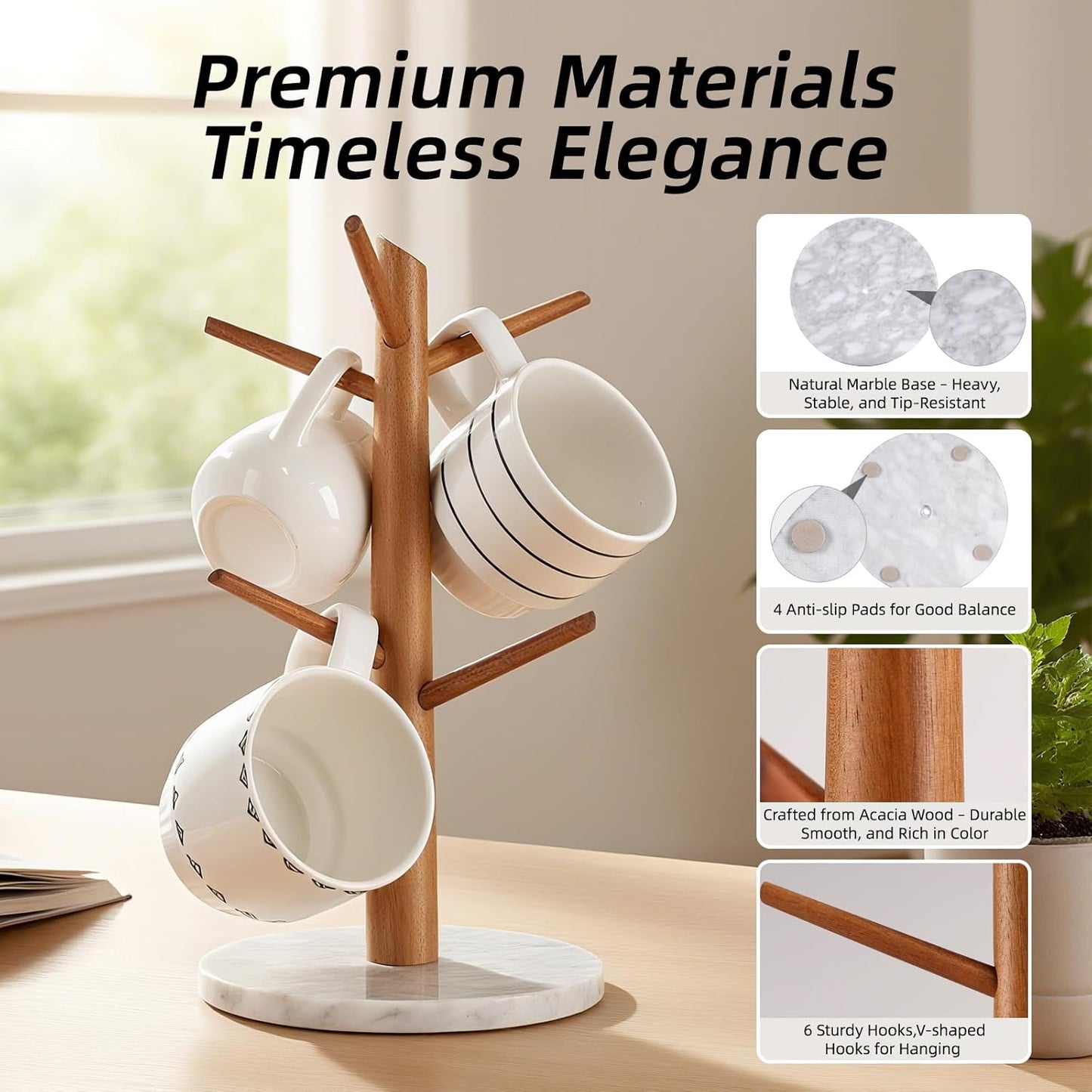 Acacia Wood Mug Tree, Marble Base Coffee Mug Tree for Counter, Mug Holder Tree with 6 Hooks for Kitchen Coffee Bar Mug Organize
