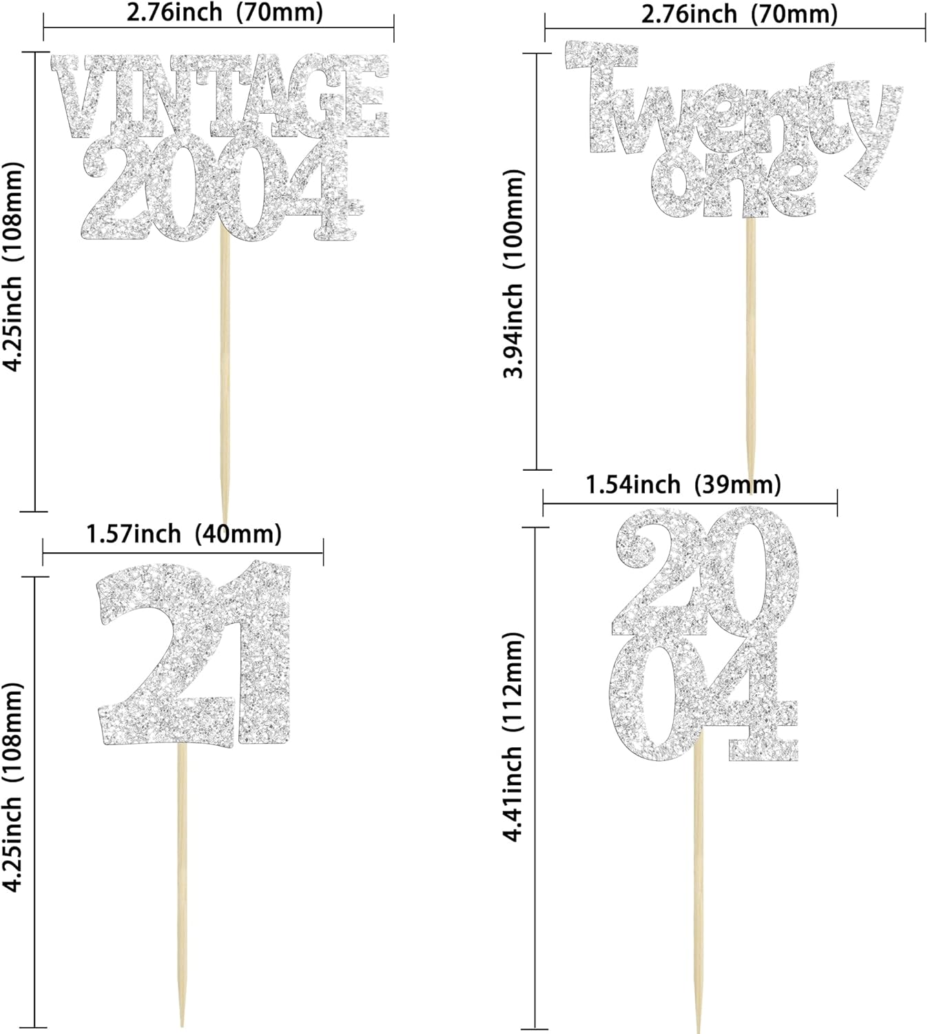 Gyufise 24Pcs 21st Birthday Cupcake Toppers Glitter Twenty-one Vintage 2004 Hello 21 Years Birthday Cupcake Picks Cheers to 21 Cake Decor for Happy 21st Anniversary Party Supplies Silver