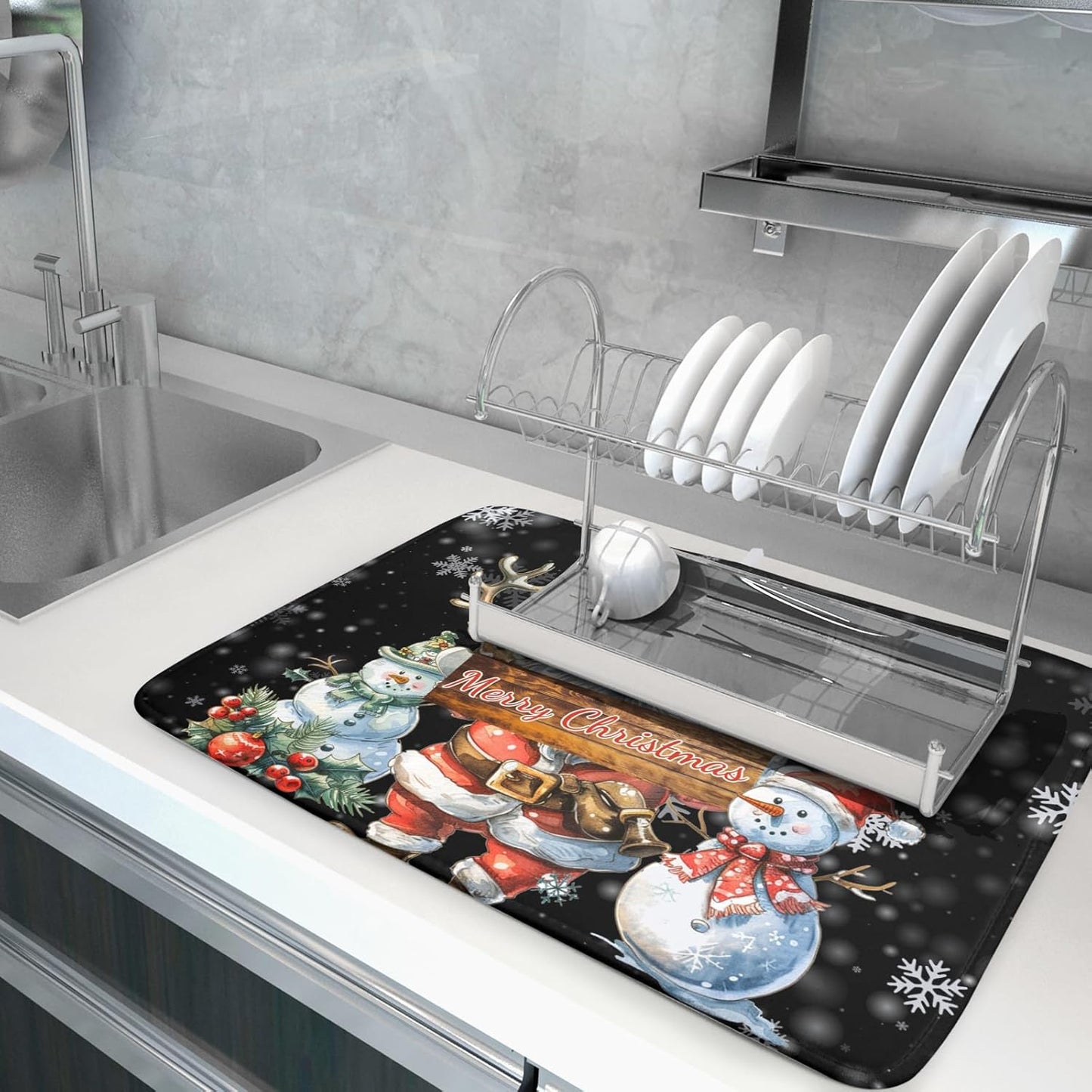 Christmas Santa Snowman Dish Drying Mats for Kitchen Counter 16"x18" Merry Christmas Santa Claus Dish Drying Mats Absorbent Microfiber Reversible Dishes Pad Dish Drainer Mat for Kitchen Accessories