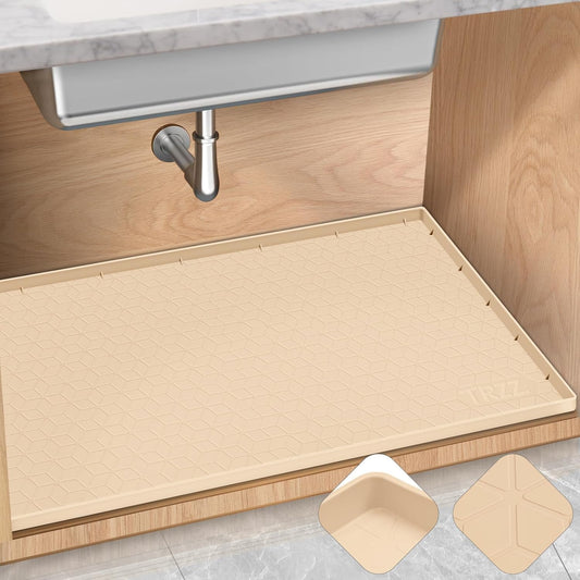TRZZ Silicone Waterproof Under Sink Mat 28" x 19", Drip Tray and Cabinet Liner for Kitchen and Bathroom, Prevents Water Damage and Organizes Cabinets (Beige)