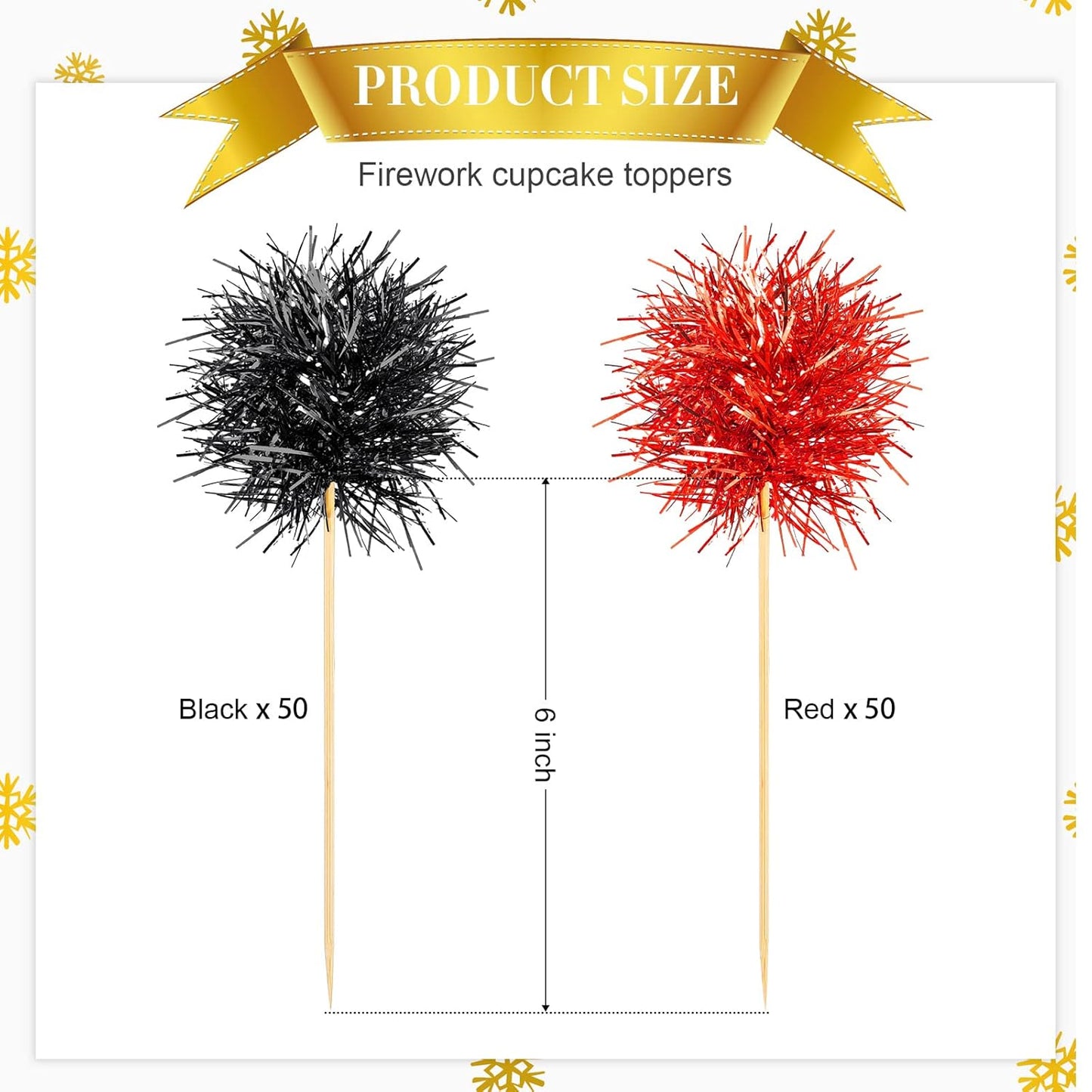 Chinco 100 Pcs Foil Firework Cupcake Toppers Sparkle Tinsel Cake Toppers Cake Decoration Cocktail Fruit Toothpick for Birthday Wedding Graduation Party(Red, Black)