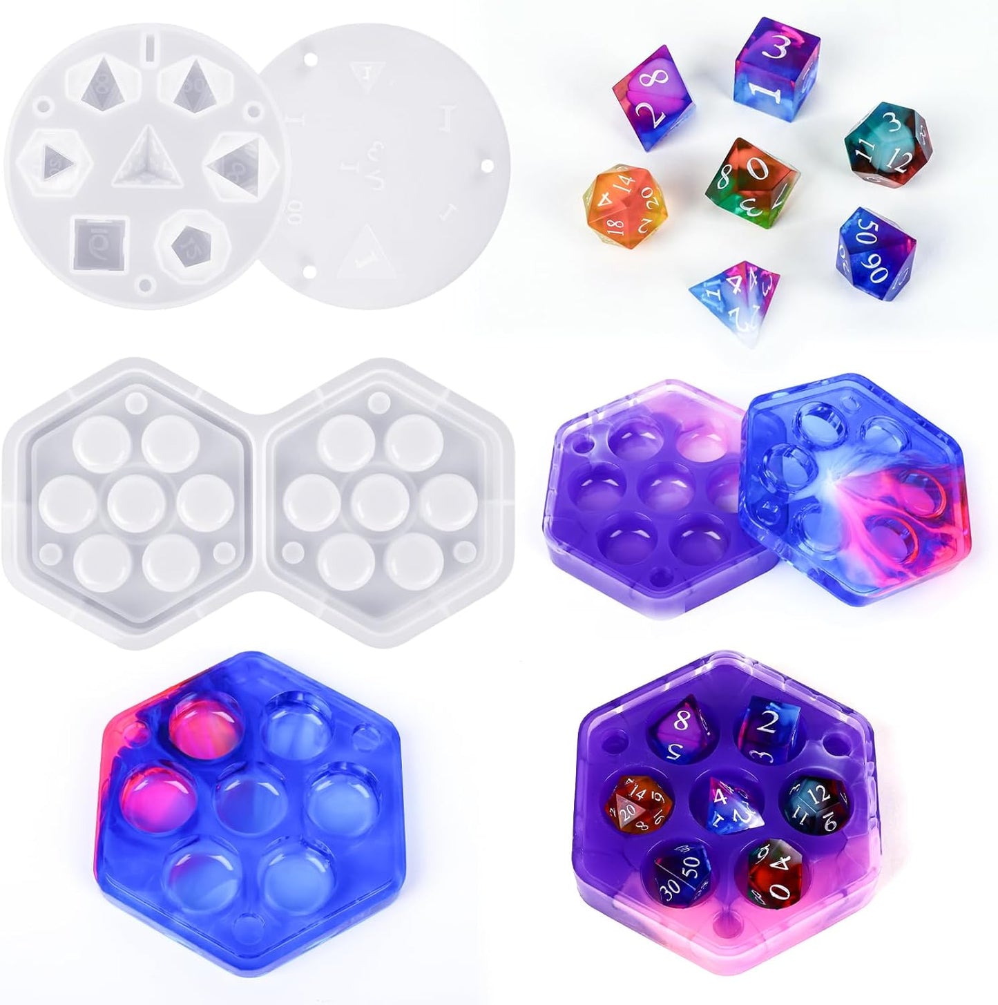 KISREL Dice Resin Molds, DND Dice Set and Organizer Box Epoxy Resin Mold with 7 Standard Stereoscopic Dice Cavities, Silicone Molds for Resin, DND Dice Set Making Kit, Table Board Game