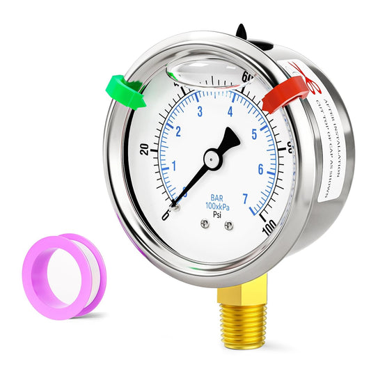 0-100psi Stainless Steel 1/4" NPT 2.5" Dial, Glycerin Liquid Filled Pressure Gauge Lower Mount for Pressure Testing of Water, Oil and Air (with Range Mark Pointer)