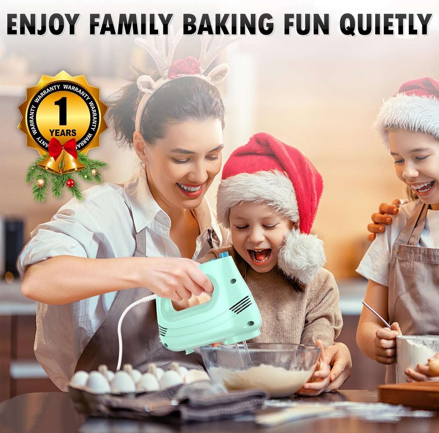 Electric Hand Mixer with Stainless Steel Whisk, Dough Hook Attachment and Storage Bag, Handheld Mixer for Baking Cakes, Eggs, Cream Food Mixers. Turbo Boost /5 Speed Kitchen Blender GREEN