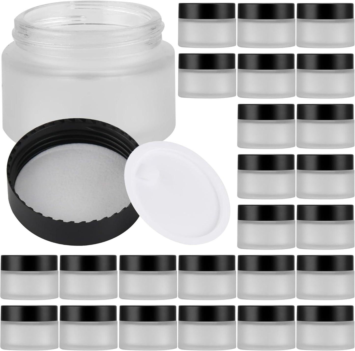 Glass Jars with Lids,Eco-Friendly Cosmetic Containers with Airtight Black Lids & Liners, Multi-Color Options for Cream, Lotion, Body Butter, DIY Skincare Travel Jars (Clear Frosted, 1oz)