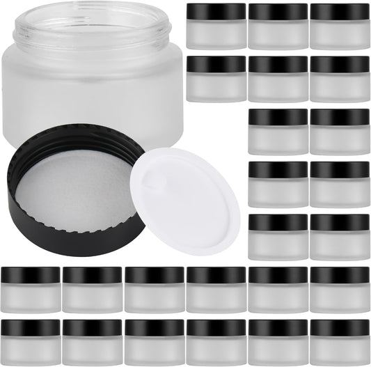Glass Jars with Lids,Eco-Friendly Cosmetic Containers with Airtight Black Lids & Liners, Multi-Color Options for Cream, Lotion, Body Butter, DIY Skincare Travel Jars (Clear Frosted, 1oz)