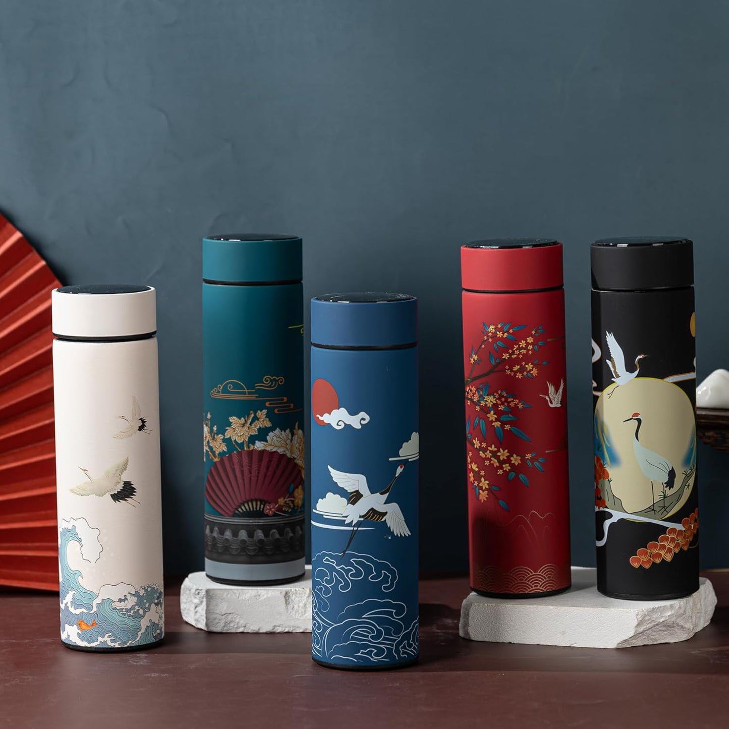 Insulated Coffee Tea Travel Thermos Mug Water Bottle with Removable Strainer and Temperature Featuring Elegant Asian Art Design - 16.9 fl oz (Teal)