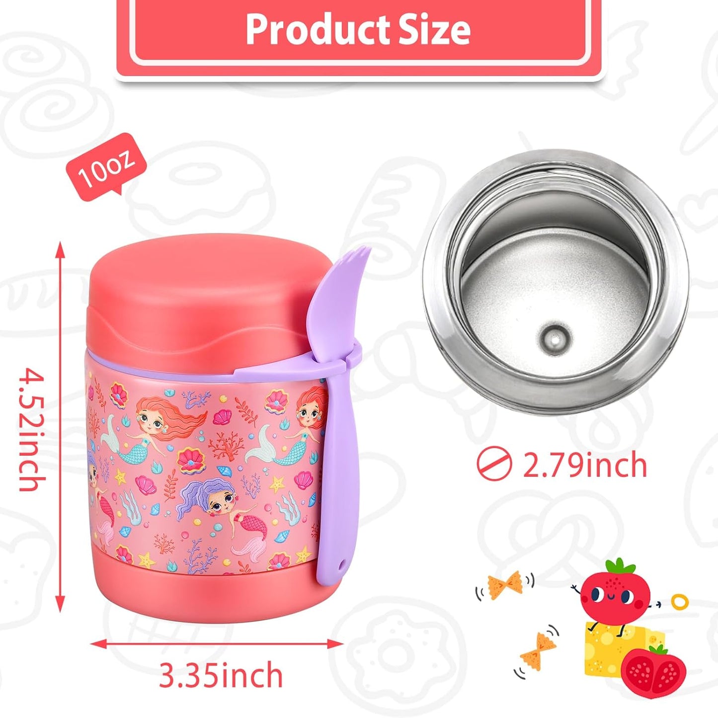 10oz Soup Thermo for Hot Food Kids,Lunch Thermo Kids Food Jar with Spoon Hot Insulated Food Containers,Leak Proof Stainless Steel Wide Mouth Lunch Food Thermo Jar for School(Pink-Mermaid)