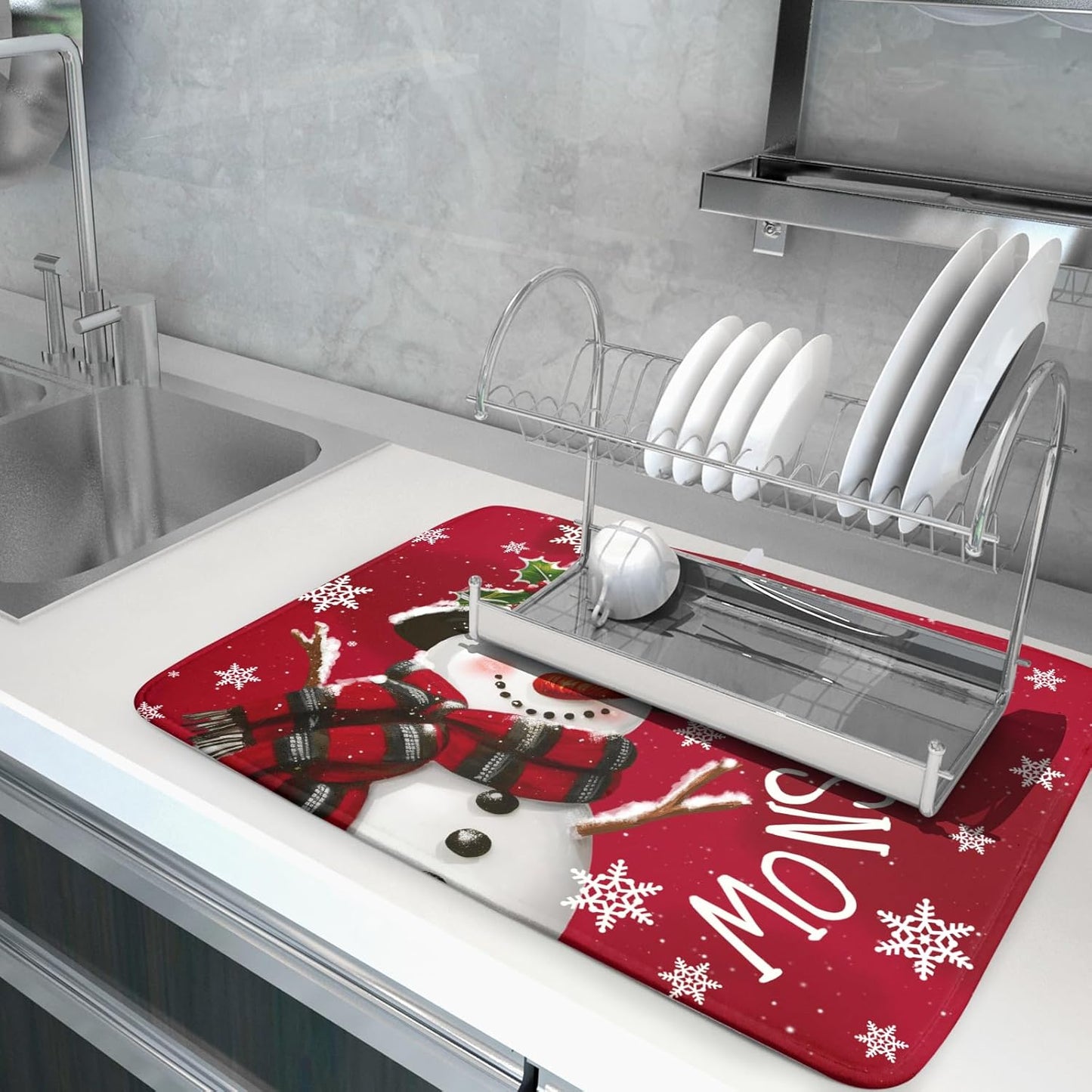 Merry Christmas Dish Drying Mat for Kitchen Counter 18x24 Inch Let It Snow Dish Draining Mat Xmas Snowflakes Decorations Fast Absorbent Tableware Cardinal Birld Dishes Pad for Coffee Bar Countertop