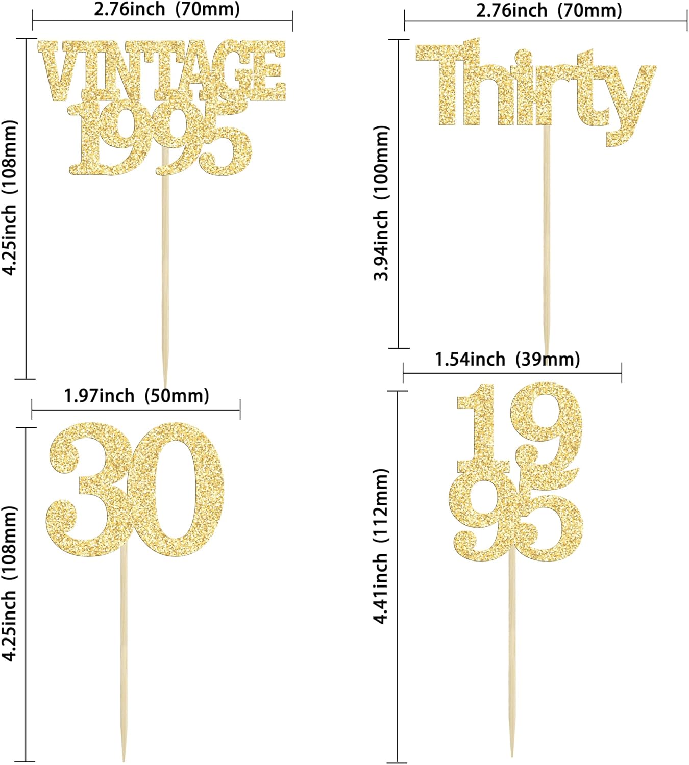 Gyufise 24Pcs Happy 30th Birthday Cupcake Toppers Glitter Thirty 30 Fabulous Vintage 1995 Cupcake Picks for 30th Birthday Wedding Anniversary Party Cake Decorations Supplies Gold