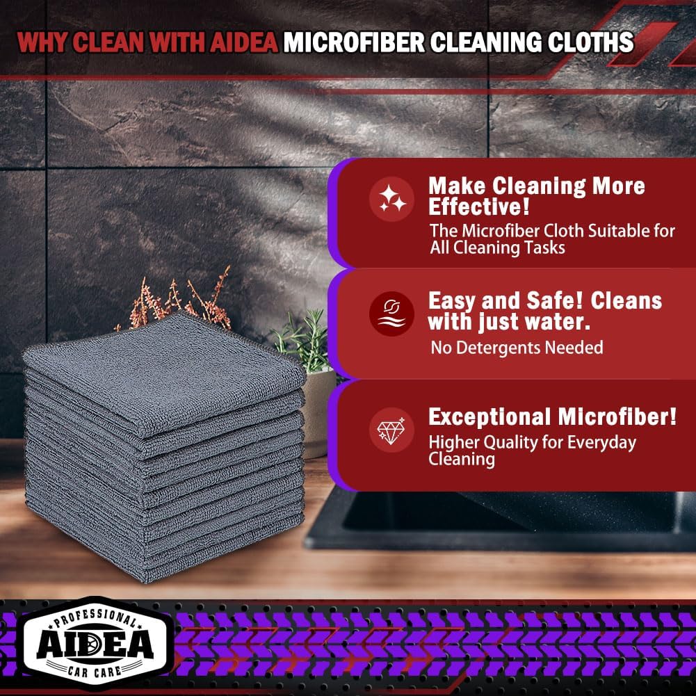 AIDEA Microfiber Cleaning Cloth Grey 10PK, Micro Fiber Cloth for Cleaning Cars, Premium All Purpose Car Towels, Dusting Cloth Cleaning Rags SUVs, House, Kitchen, Window, Workshops, 12"×12"