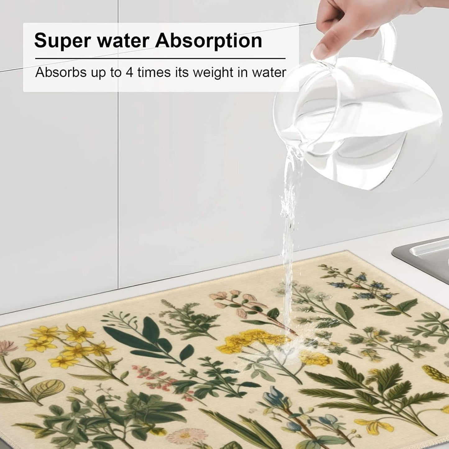 Floral Microfiber Dish Drying Mat XL for Kitchen Counter Absorbent Large Dish Drying Pads Reusable Washable Plants Herbs Draining Mat 18x24 Inch