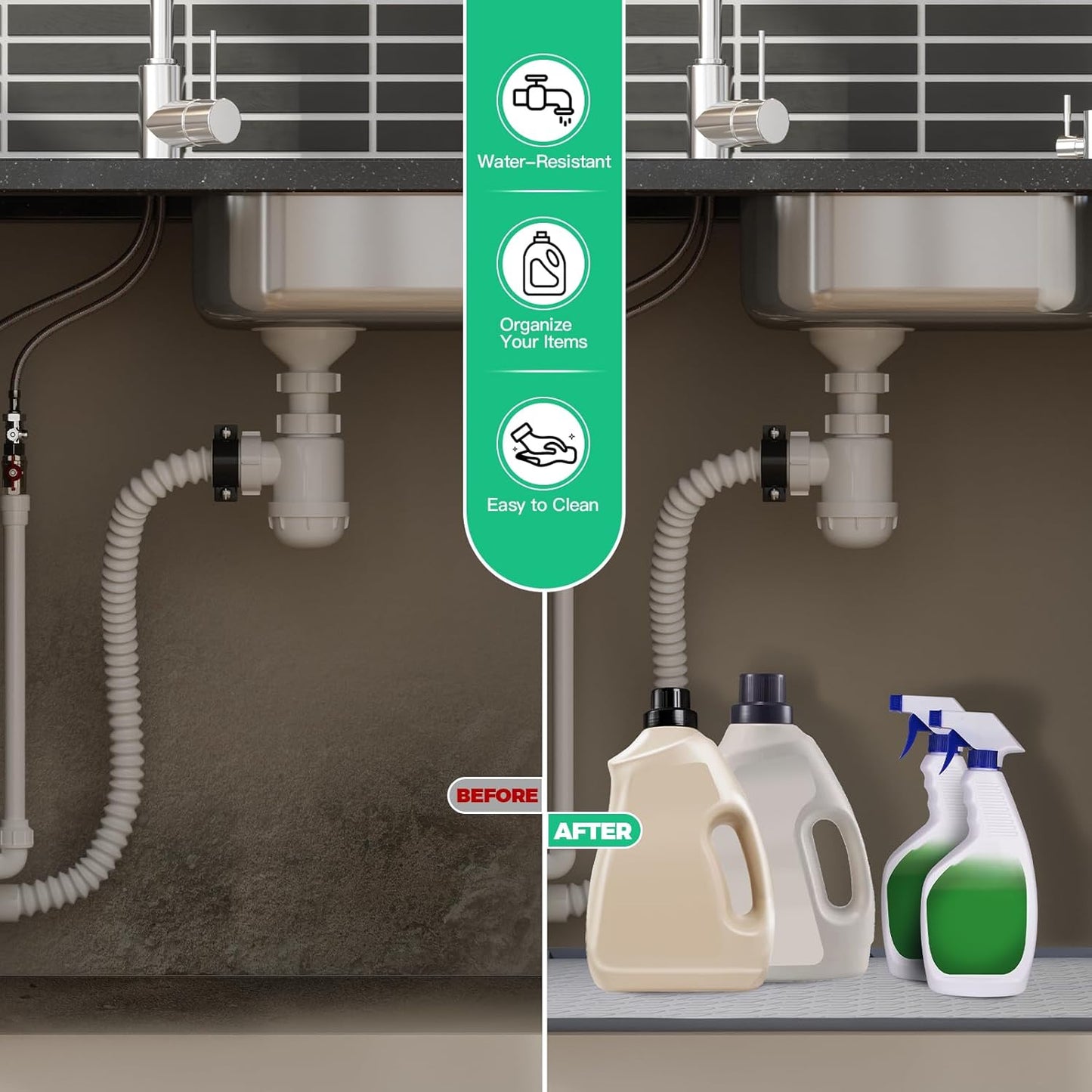 TRZZ Silicone Waterproof Under Sink Mat 31" x 22", Drip Tray and Cabinet Liner for Kitchen and Bathroom, Prevents Water Damage and Organizes Cabinets (Grey)