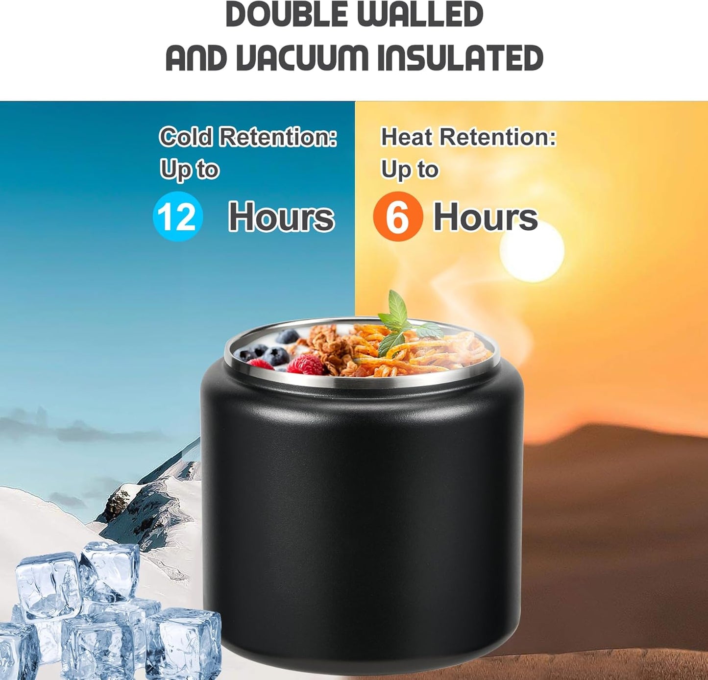 26oz Soup Thermo for Hot Food Kids with Buckle Lid Insulated Vacuum Food Jar Wide Mouth Leakproof Stainless Steel Lunch Container (Black)