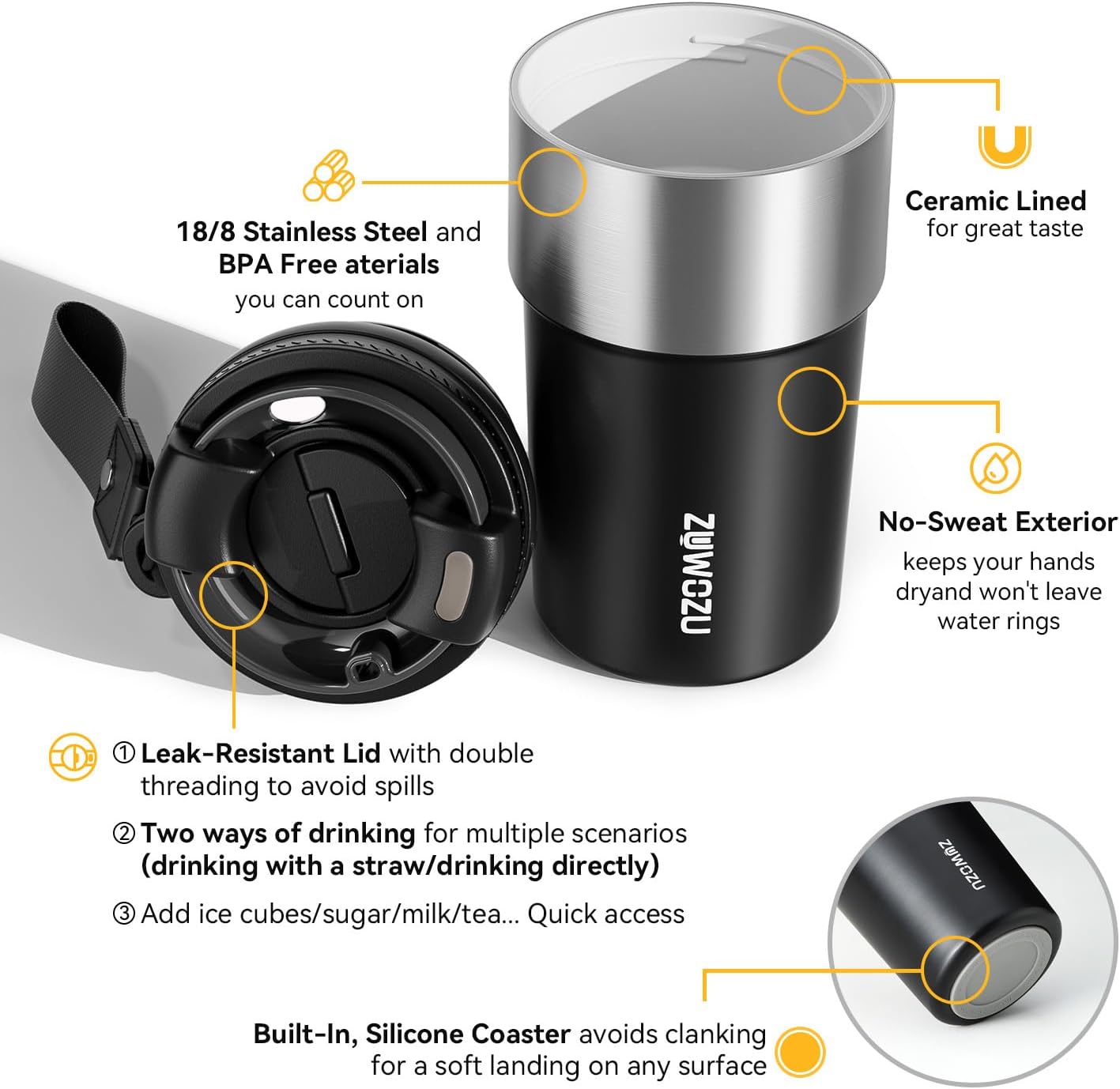 Insulated Travel Coffee Tumbler Mug - Ceramic Inner Wall Reusable Iced Coffee Cups Bottle with Lids, Stainless Steel Insulated Cold Brew Water Tumbler with Straw, BPA Free 16 Oz Water Bottle